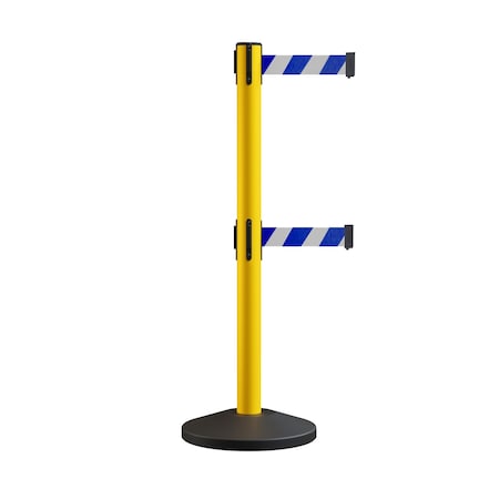 Montour Line Retractable Dbl Belt Rolling Stanchion, 2.5in YW Post  11' Blu/Wh Belt ES400D-YW-BWD-110